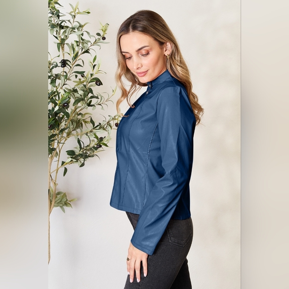 Chic Moto Vegan Leather Jacket Zip-up Sleek Snap Mock Neck Trendy Peacock Blue - Picture 6 of 11